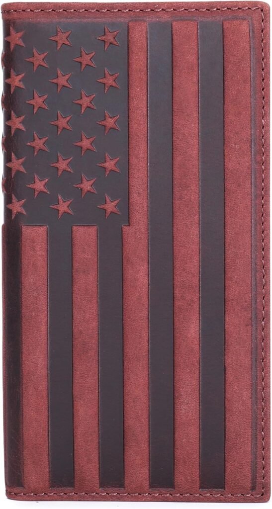 Checkbook Cover American Flag Wallet for Men Leather Rodeo Wallet Mens Gift (Brown - Long)