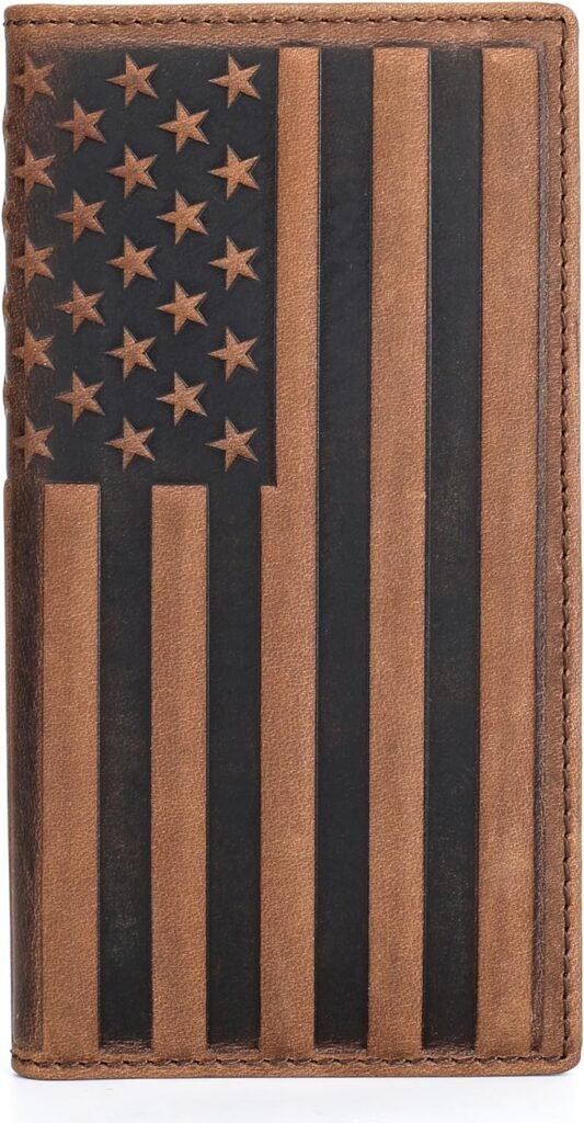 Checkbook Cover American Flag Wallet for Men Leather Rodeo Wallet Mens Gift (Brown - Long)
