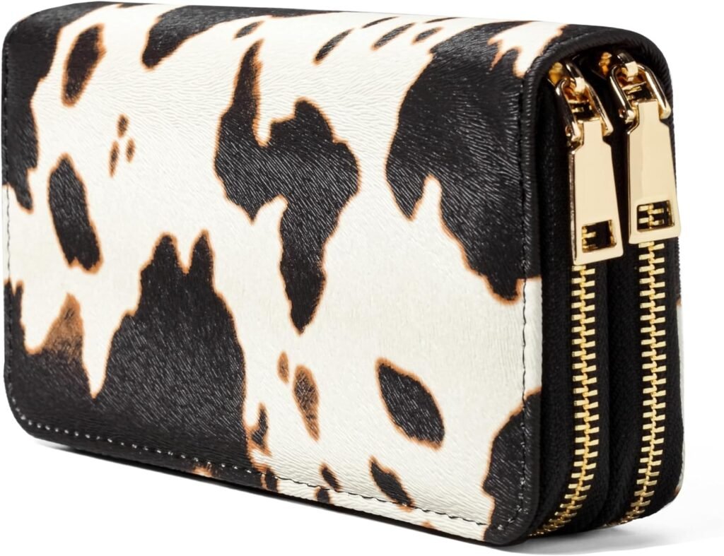 Cow Print Wallet for Women,Western Highland Cowhide Purse Zip Around Walles Cow Stuff Gifts for Ladies Brown