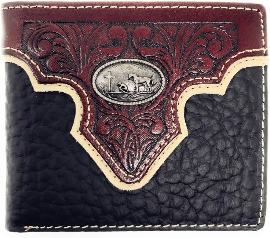 Genuine Leather Floral Tooled Praying Cowboy Concho Mens Short Bifold Wallet in 2 colors (Coffee)