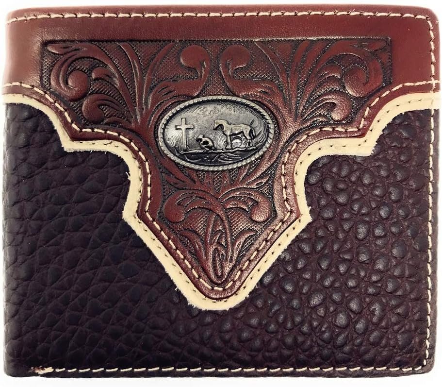 Genuine Leather Floral Tooled Praying Cowboy Concho Mens Short Bifold Wallet in 2 colors (Coffee)