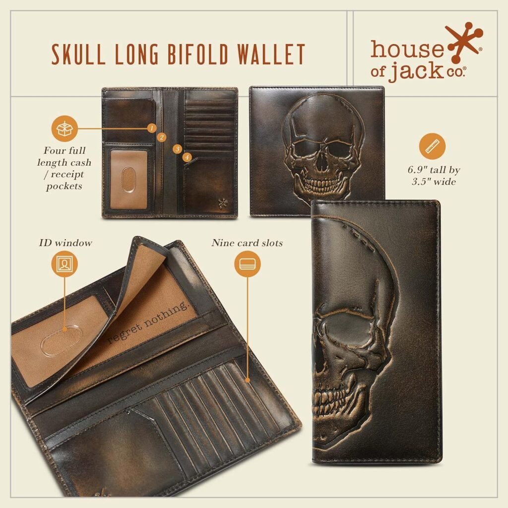 HoJ Co. SKULL Long Wallet For Men | Full Grain Leather with Hand Burnished Finish | Long Bifold Wallet | Rodeo Wallet | Biker Gift