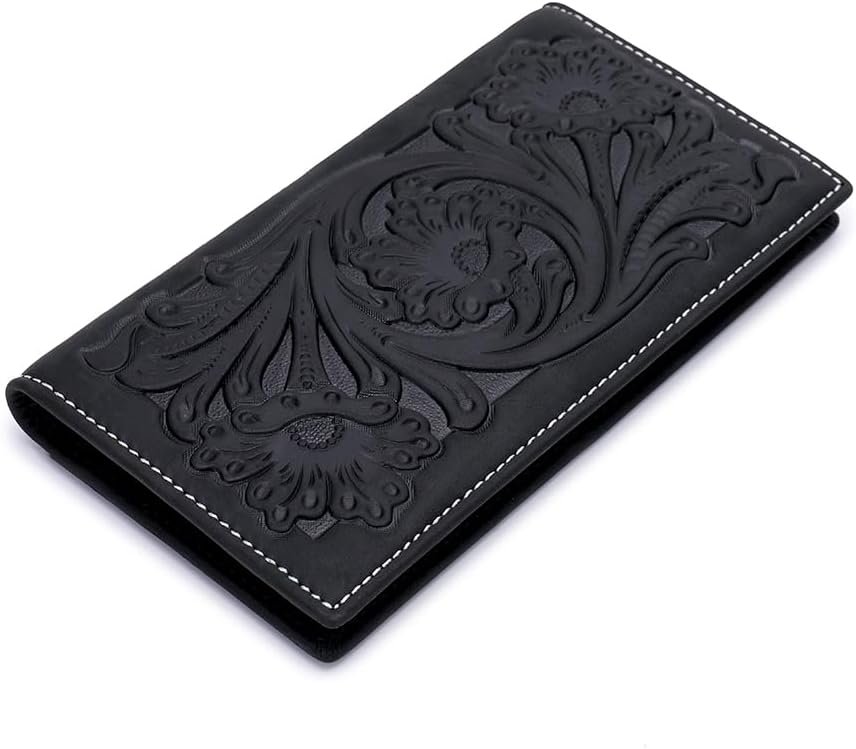 QIHEOS Floral Inlay Checkbook Cover Embossed Rodeo Wallet for Men  Women Credit Card Holder (Brown - Long)