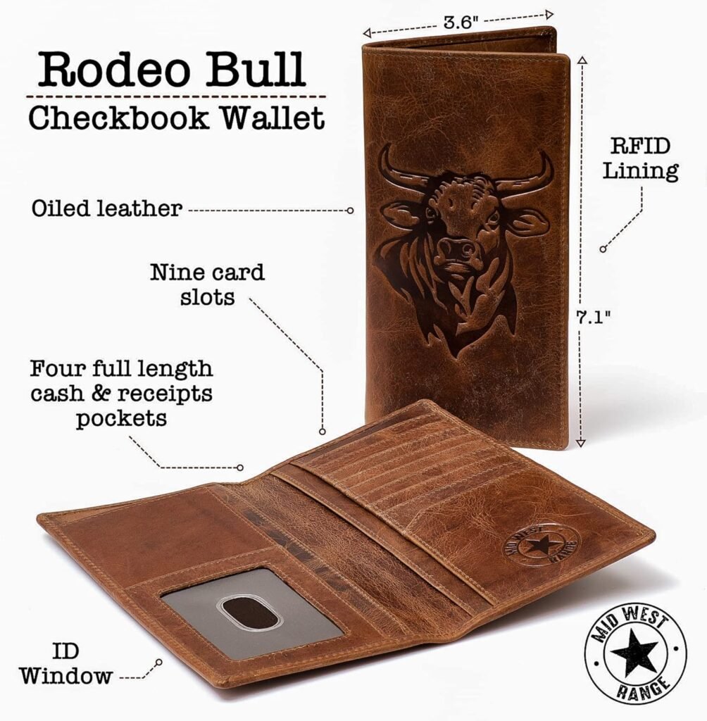 Rodeo Bull Western Wallet for Men. Full Grain Leather Checkbook Cover. RFID Blocking Rodeo Bull Long Wallet. Gift Wallet for Cowboys