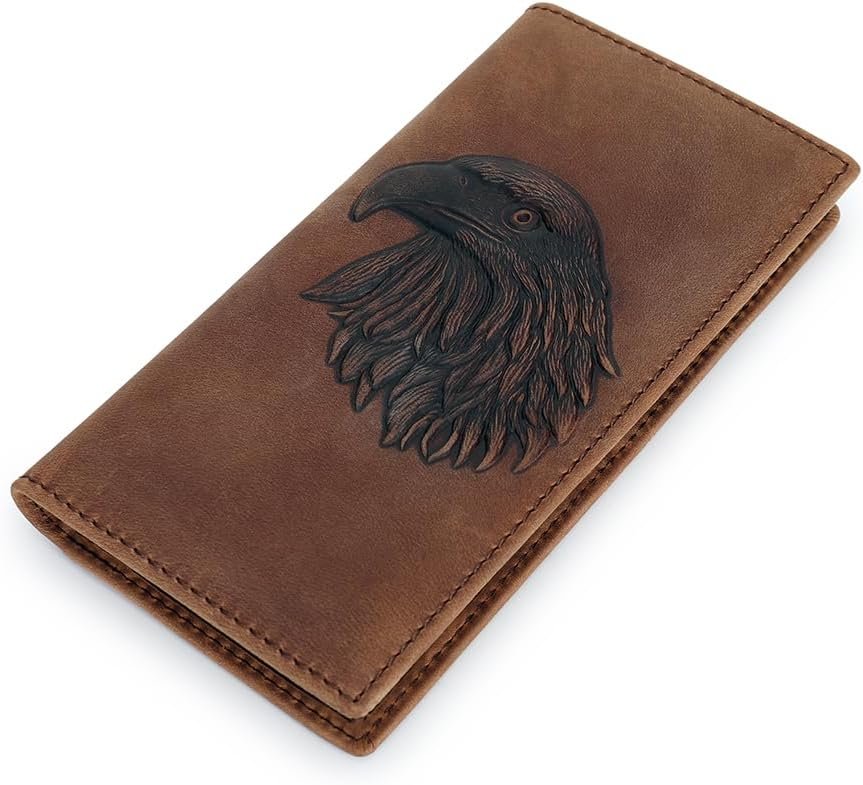 Embossed Bald Eagle Rodeo Wallet for Mens Gift Checkbook Leather (Brown - Long)