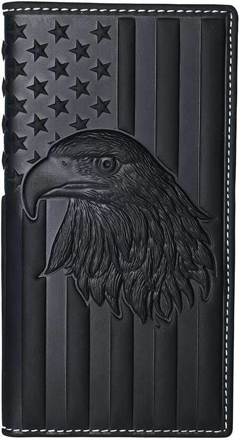 Mens Gift Checkbook Cover American Eagle Wallet Embossed Leather Long American Flag Wallet for Men Cowboy (Black American Flag Wallet)