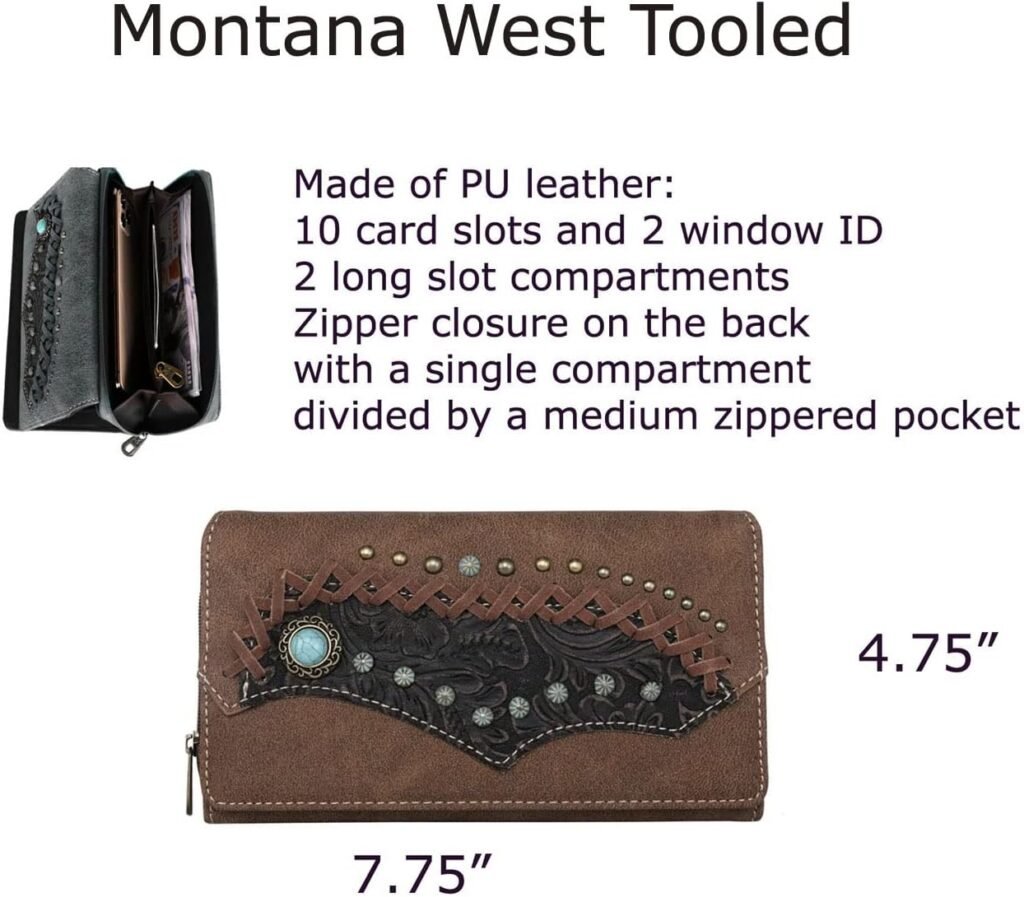 Montana West Womens Leather Wallet Clutch Western Bling Embroidery Embossed Tooled Horse Saddle Design(Grey Tooled Embroidered)
