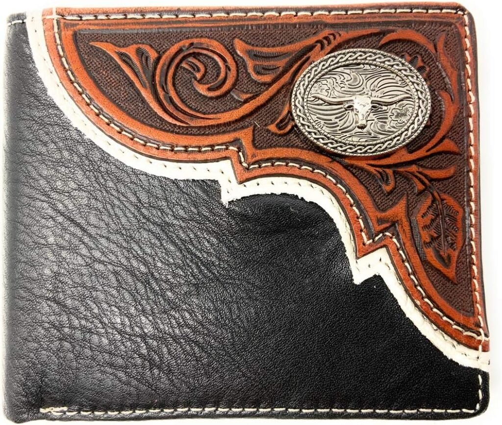 Premium Genuine Leather Tooled Mens Short Bifold Wallet, premium cowboy wallets (Texas State Map Black)