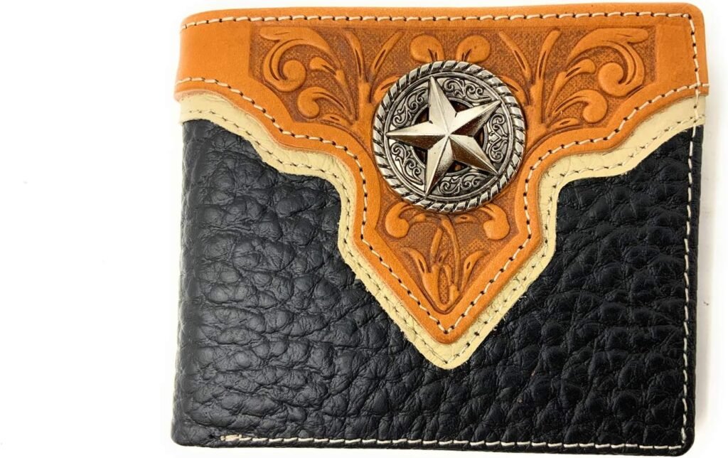 Texas West Premium Genuine Leather Tooled Mens Short Bifold Wallet, premium cowboy wallets (Chrome Longhorn Black)