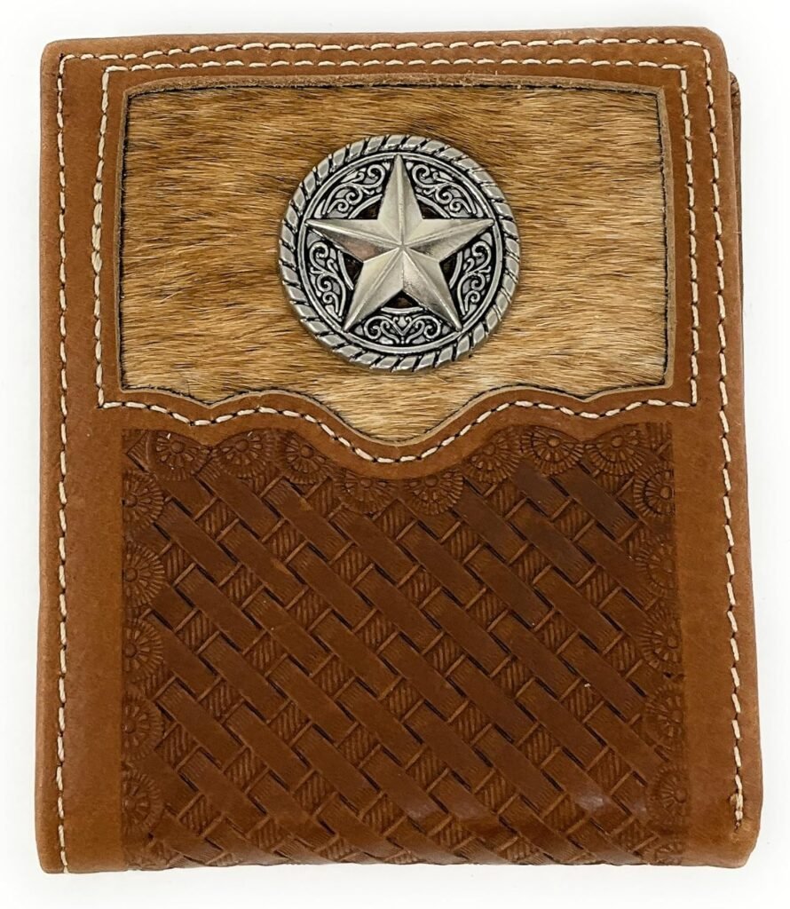 Western Genuine Woven Leather Cowhide Mens Bifold Short Wallet in Multi Emblem (Lone Star)