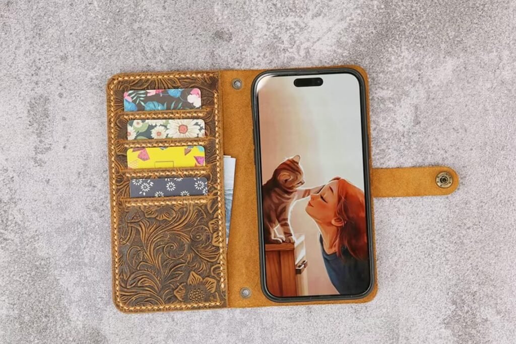 Women embossing leather iPhone 15 14 13 12 pro wallet case iPhone 13 mini wallet tooled leather iPhone 15 14 plus wallet case cover IP20MW-B