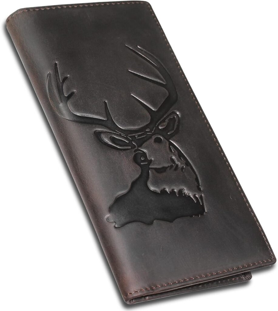 DK86 Deer Long Wallet For Men Full Grain Leather Rfid Blocking Rodeo Wallet Bifold Wallet Deer Wallet, Coffee
