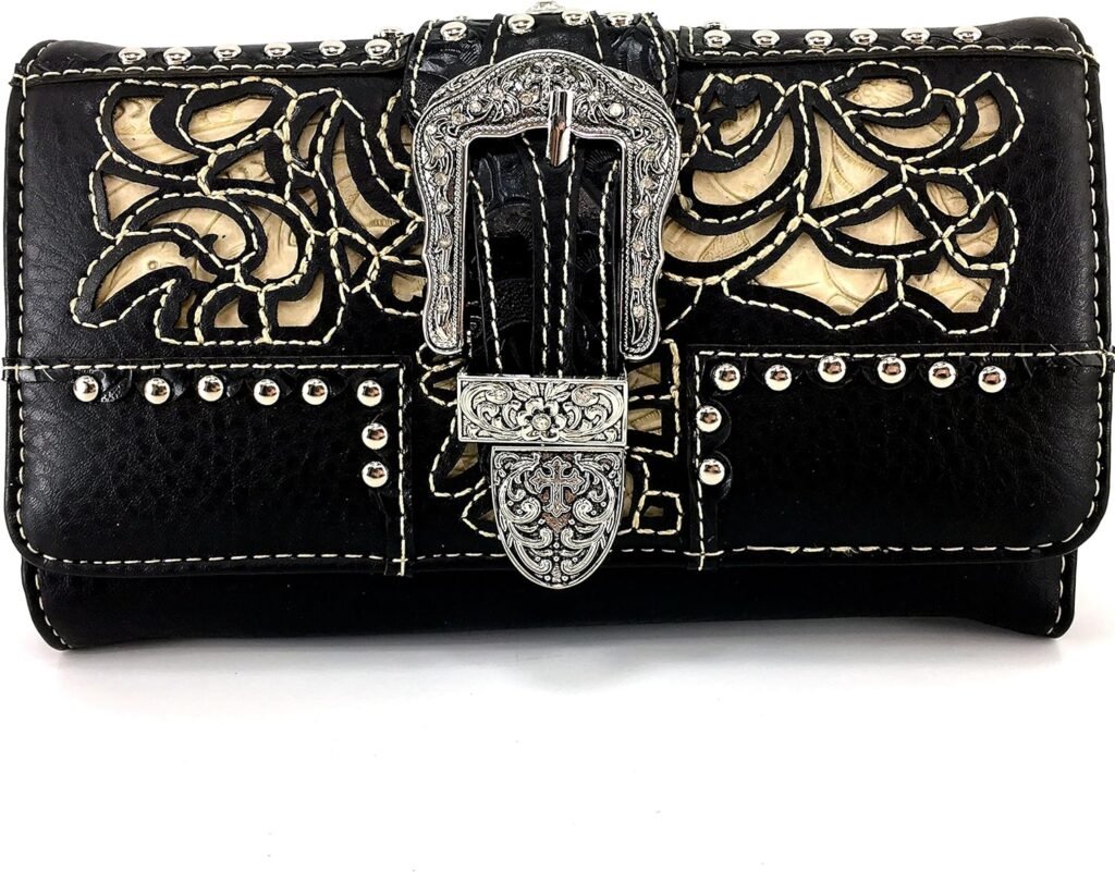 Justin West Laser Cut Rhinestone Silver Buckle Studded Cross Shape Design Wristlet Trifold Wallet Attachable Long Strap (Brown)