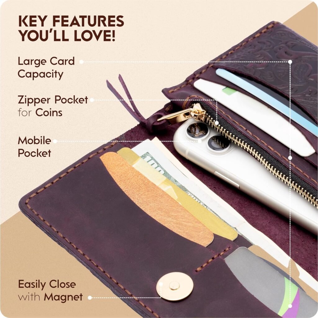 Toros Craft Handmade Western Wallets for Women, Genuine Tooled Leather  Long Credit Card Holder, Cowhide Slim Cell Phone Case, Large Capacity, Cute Clutch  Purse  Handbag