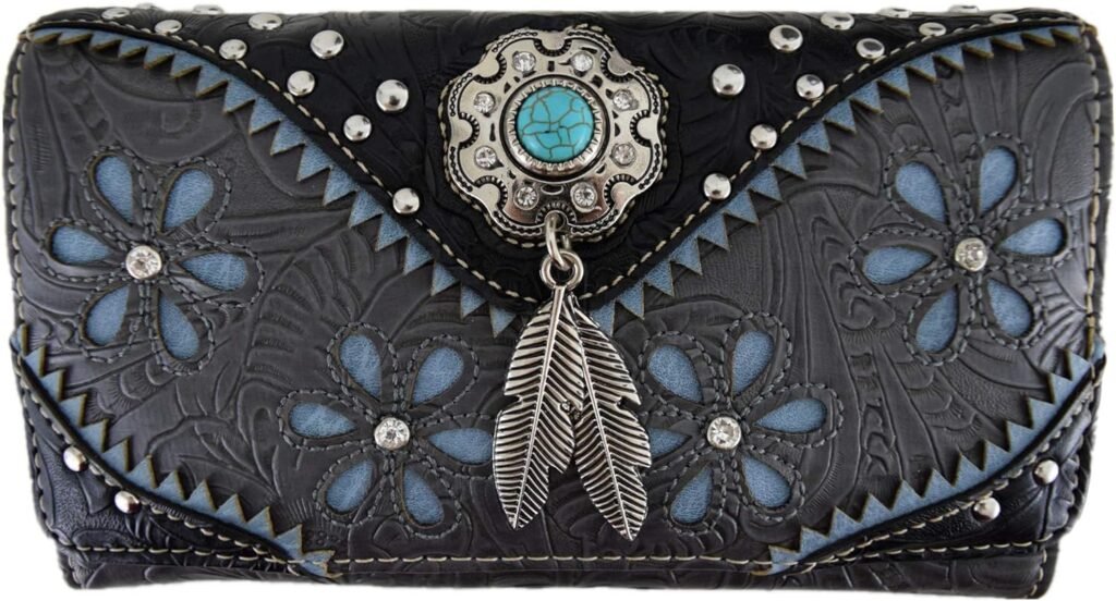 Western Feather Tooled Leather Floral Laser Cut Flower Purse Studs Single Shoulder Bag Clutch Women Trifold Wristlets Wallet (Coffee)