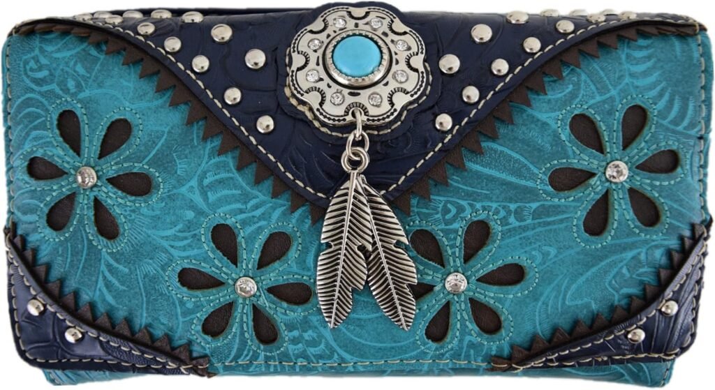 Western Feather Tooled Leather Floral Laser Cut Flower Purse Studs Single Shoulder Bag Clutch Women Trifold Wristlets Wallet (Coffee)