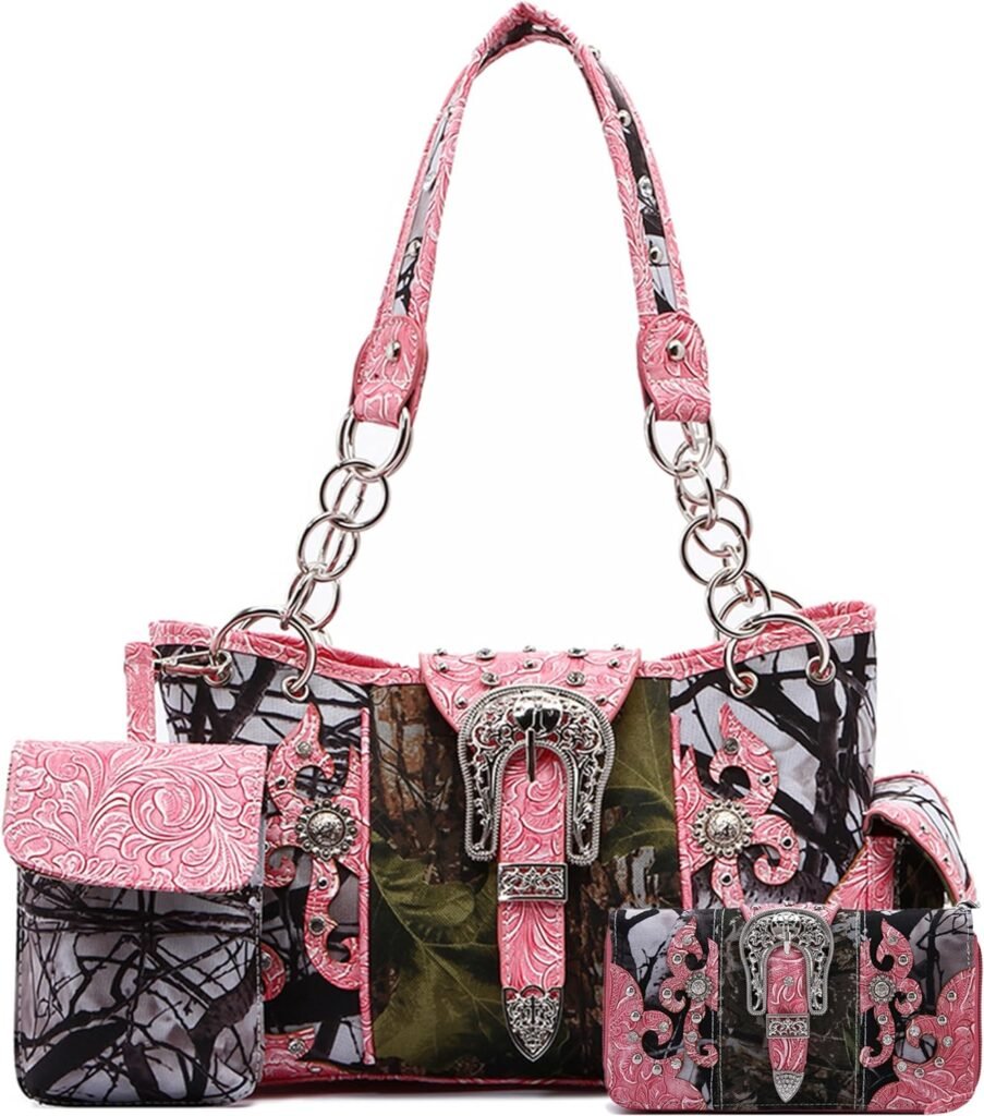 Western Style Camouflage Purse Concho Buckle Tooled Floral Country Studs Crossbody Women Handbag Shoulder Bag Wallet Set