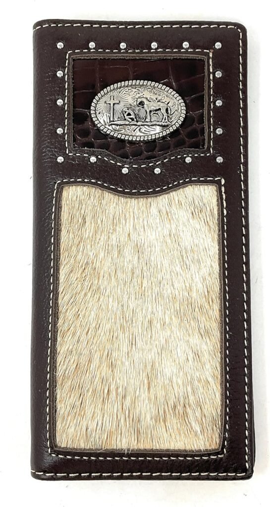 Western Tooled Genuine Leather Cowhide Cow fur Praying Cowboy Mens Long Bifold Wallet in 3 colors (Black)