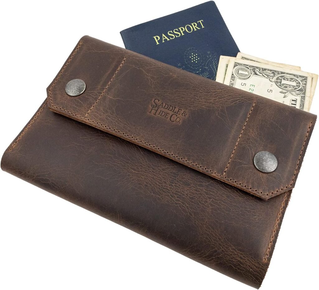 Saddle  Hide Co., Checkbook Wallet, Minimalist Organizer with Card Slot, Passport Holder, Travel Accessory, Full Grain Leather, Handmade, Bourbon Brown