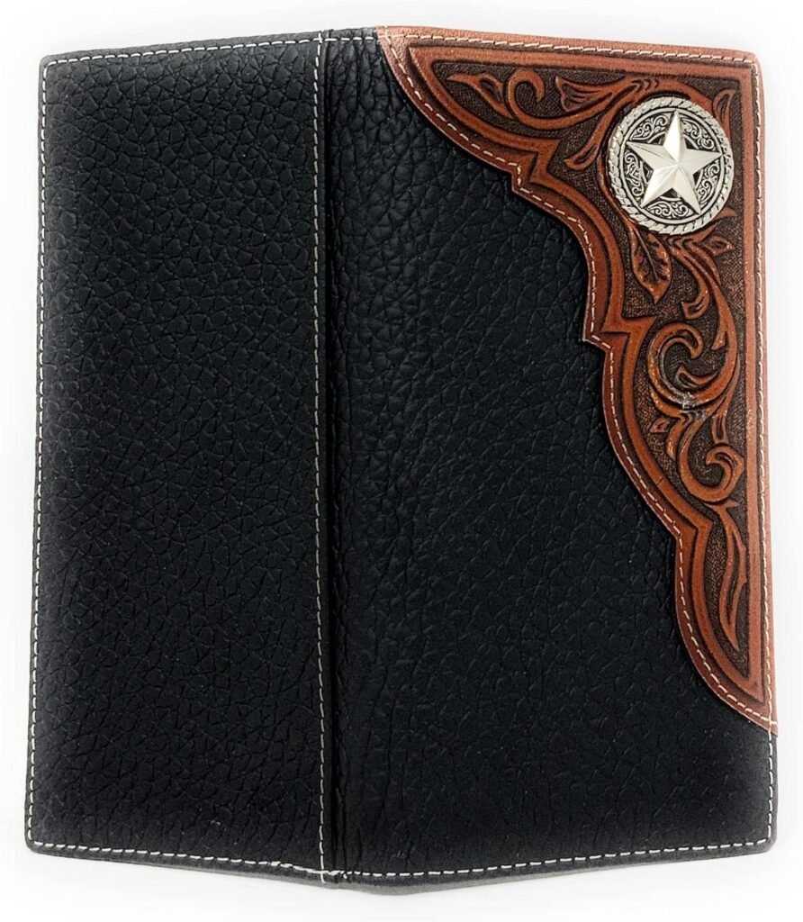 Texas West Western Tooled Genuine Leather Star Mens Long Bifold Wallet (Black)