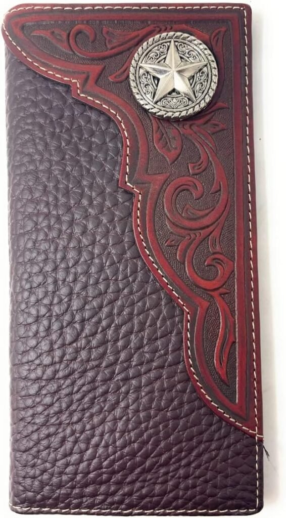 Texas West Western Tooled Genuine Leather Star Mens Long Bifold Wallet (Black)