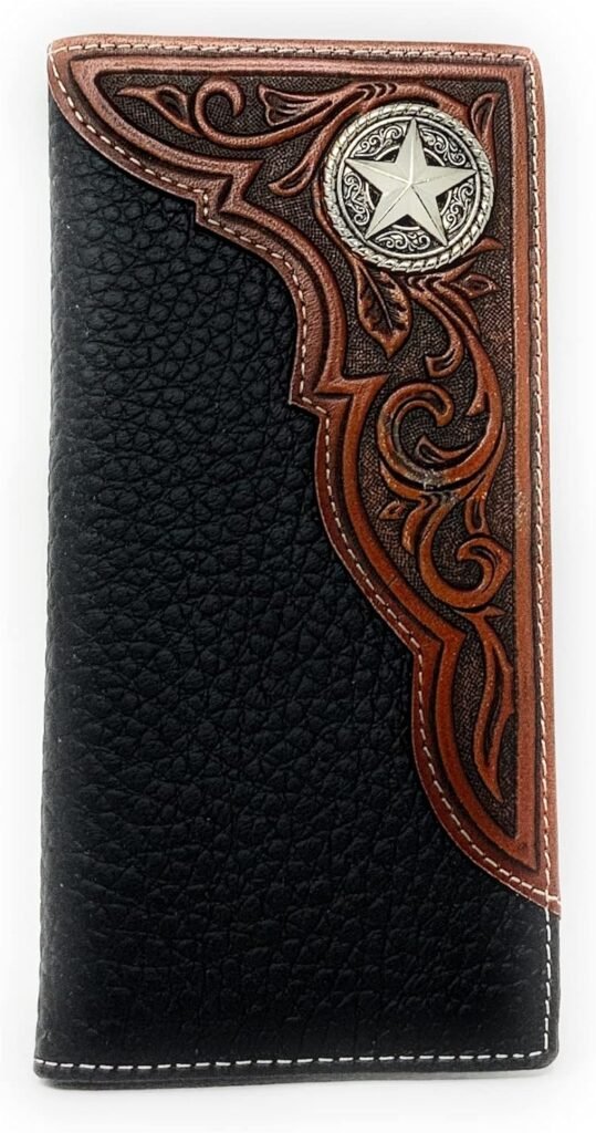 Texas West Western Tooled Genuine Leather Star Mens Long Bifold Wallet (Black)