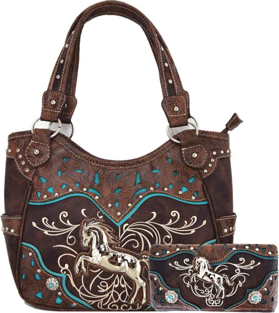 Tooled Leather Laser Cut Western Style Horse Cowgirl Purse Country Totes Women Handbag Everyday Shoulder Bags Wallet Set