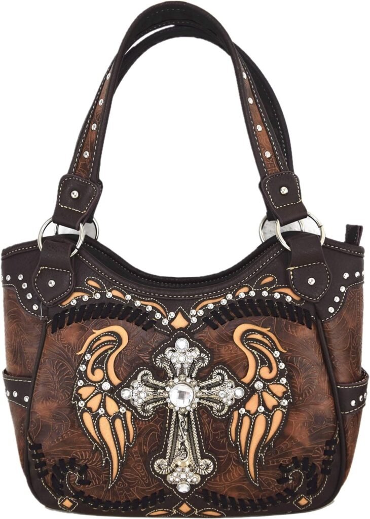 Western Style Rhinestone Cross Studded Laser Cut Wings Tooled Leather Purse Women Handbags Country Shoulder Bag Wallet Set