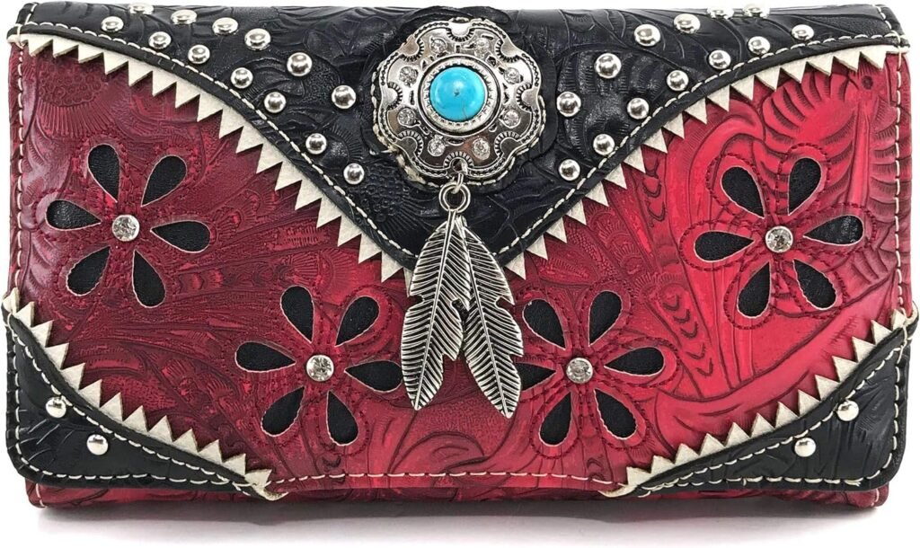 Zelris Floral Western Pu Tooled Leather Turquoise Concho Feathers Crossbody Trifold Wallet (Brown)