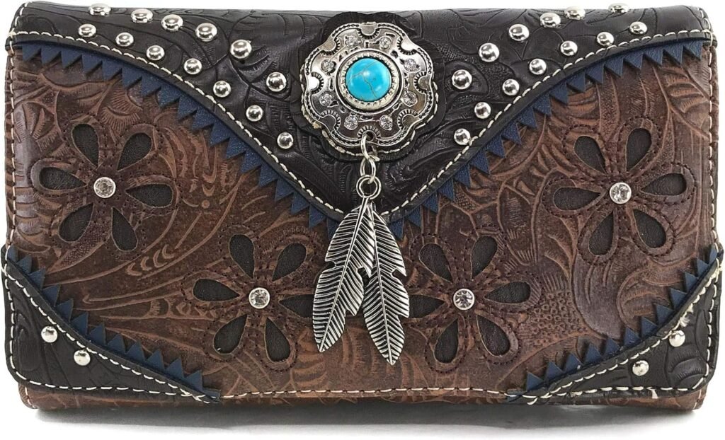 Zelris Floral Western Pu Tooled Leather Turquoise Concho Feathers Crossbody Trifold Wallet (Brown)