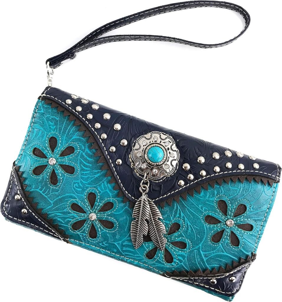 Zelris Floral Western Pu Tooled Leather Turquoise Concho Feathers Crossbody Trifold Wallet (Brown)