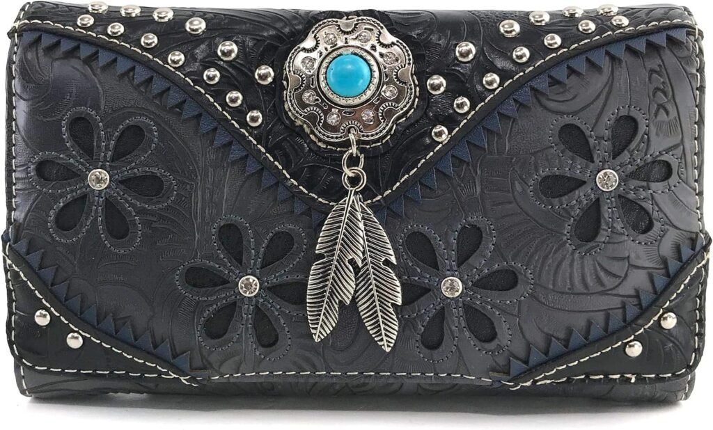 Zelris Floral Western Pu Tooled Leather Turquoise Concho Feathers Crossbody Trifold Wallet (Brown)