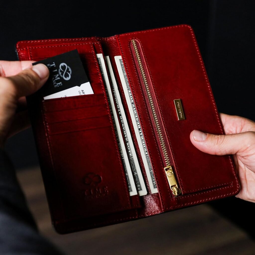 Time Resistance Long Leather Wallet - Suit Wallet - Bifold Mens Leather Wallet - Checkbook Wallet - Tall Billfold Card Wallet - Slim Wallet Made in Italy