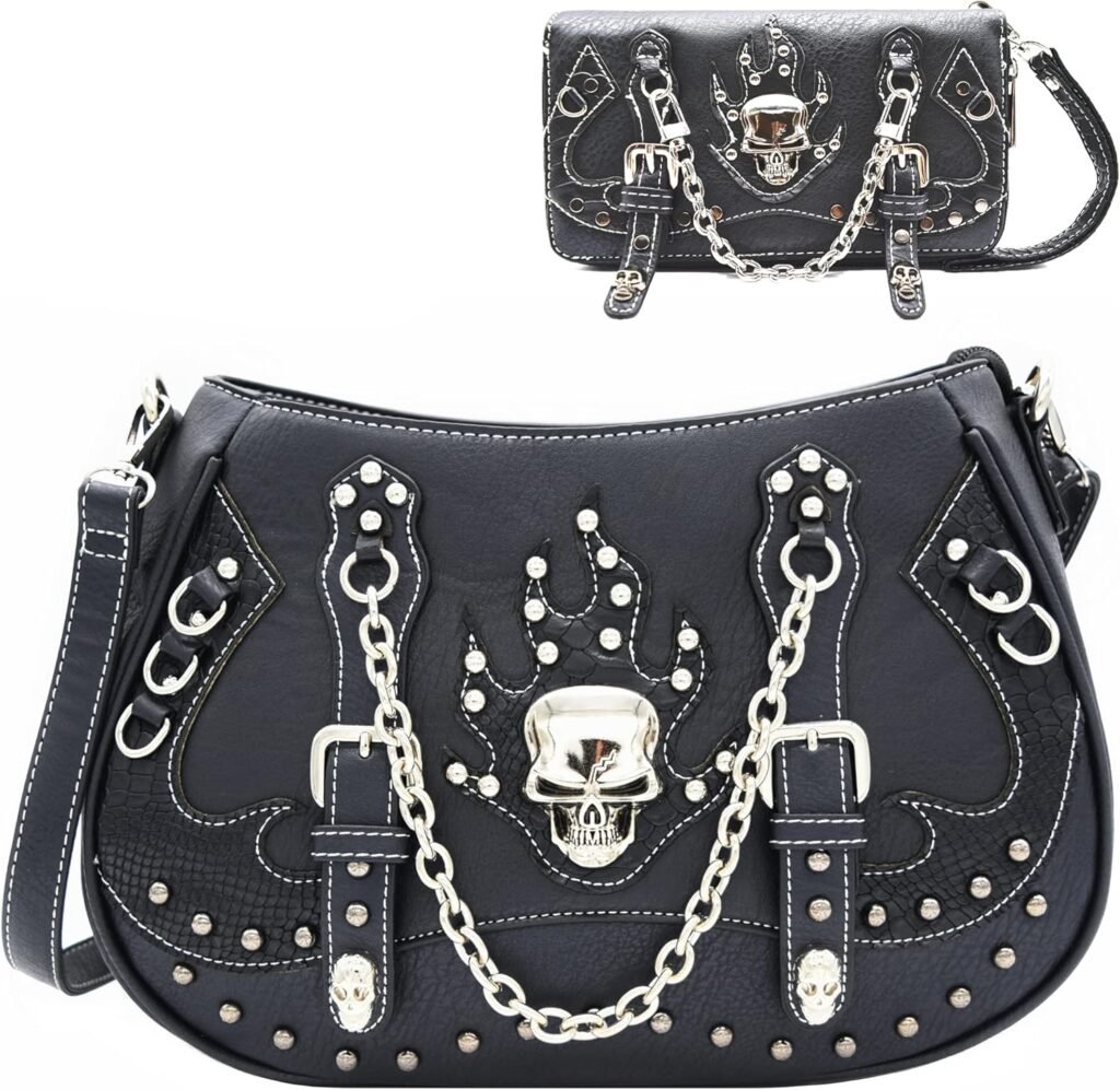 WESTERN ORIGIN Punk Gothic Skull Chain Crossbody Handbag Removable Strap Purse Women Single Shoulder Bag/Wallet Black