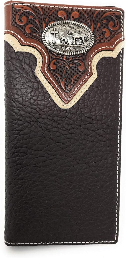 Western Tooled Genuine Leather Praying Cow Boy Mens Long Bifold Wallet in 2 colors (Black)