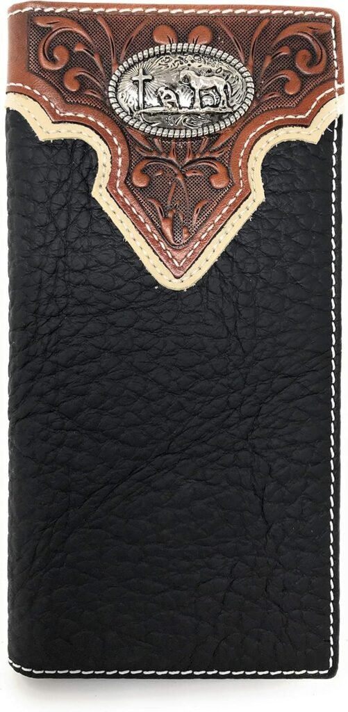 Western Tooled Genuine Leather Praying Cow Boy Mens Long Bifold Wallet in 2 colors (Black)