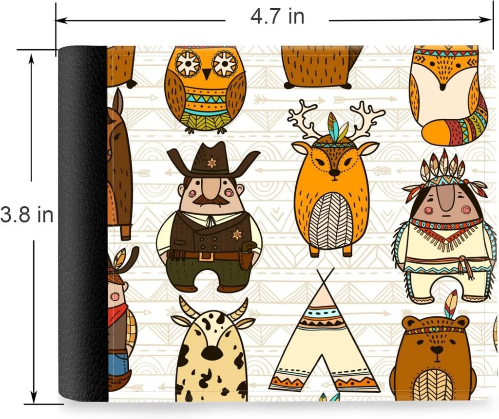 (Wild West Theme Cowboy And Animal Illustration Front Pocket Slim Bifold Leather Wallet RFID Blocking with ID Window for Men