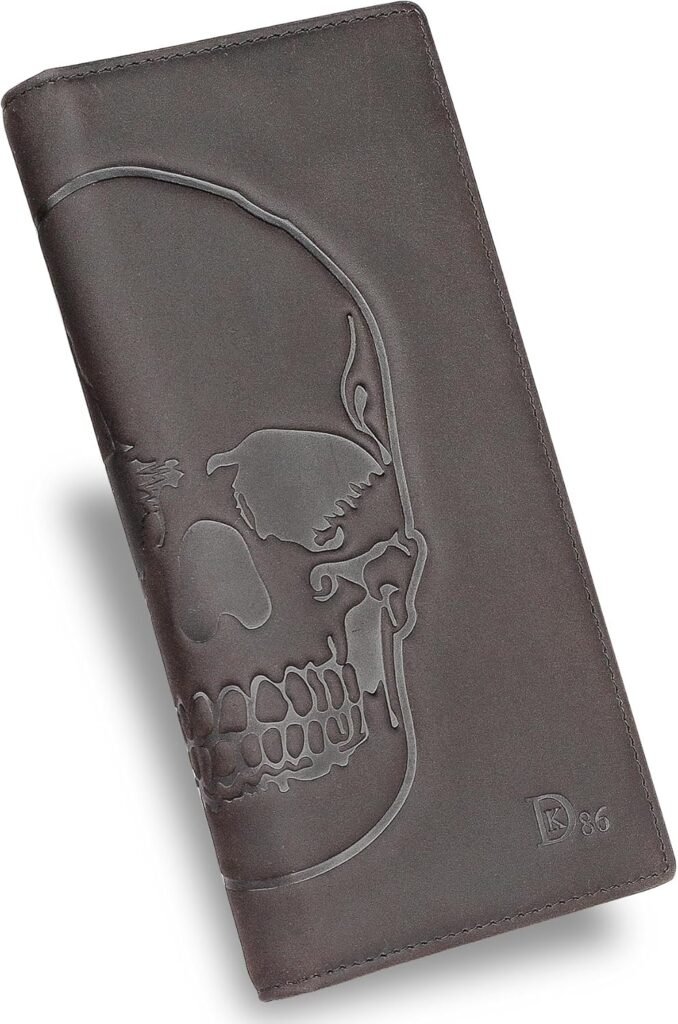 DK86 Skull Long Wallet For Men Full Grain Leather Rfid Blocking Rodeo Wallet Bifold Wallet Skull Wallet, Coffee A