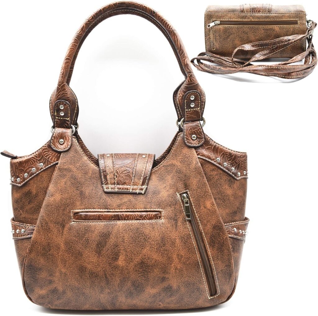 Western Style Tooled Leather Conceal Carry Purse Buckle Country Large Totes Handbag Women Shoulder Bag Wallet Set Brown