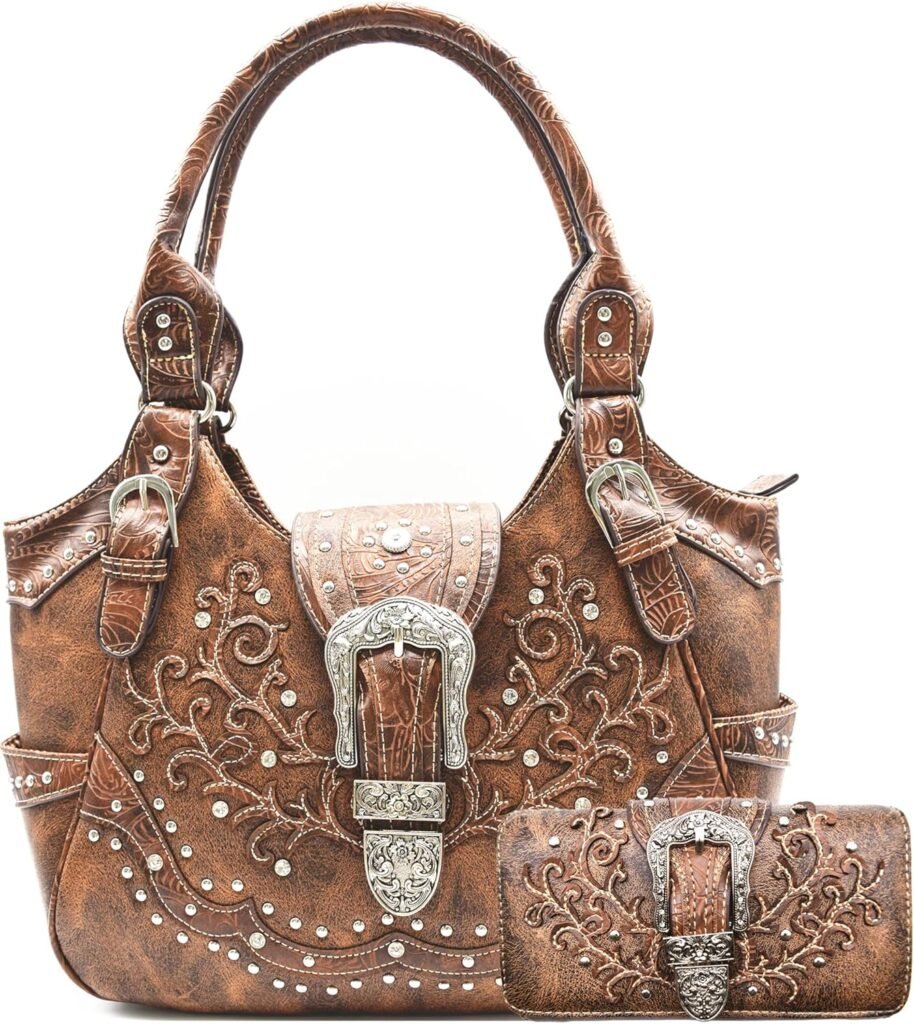 Western Style Tooled Leather Conceal Carry Purse Buckle Country Large Totes Handbag Women Shoulder Bag Wallet Set Brown